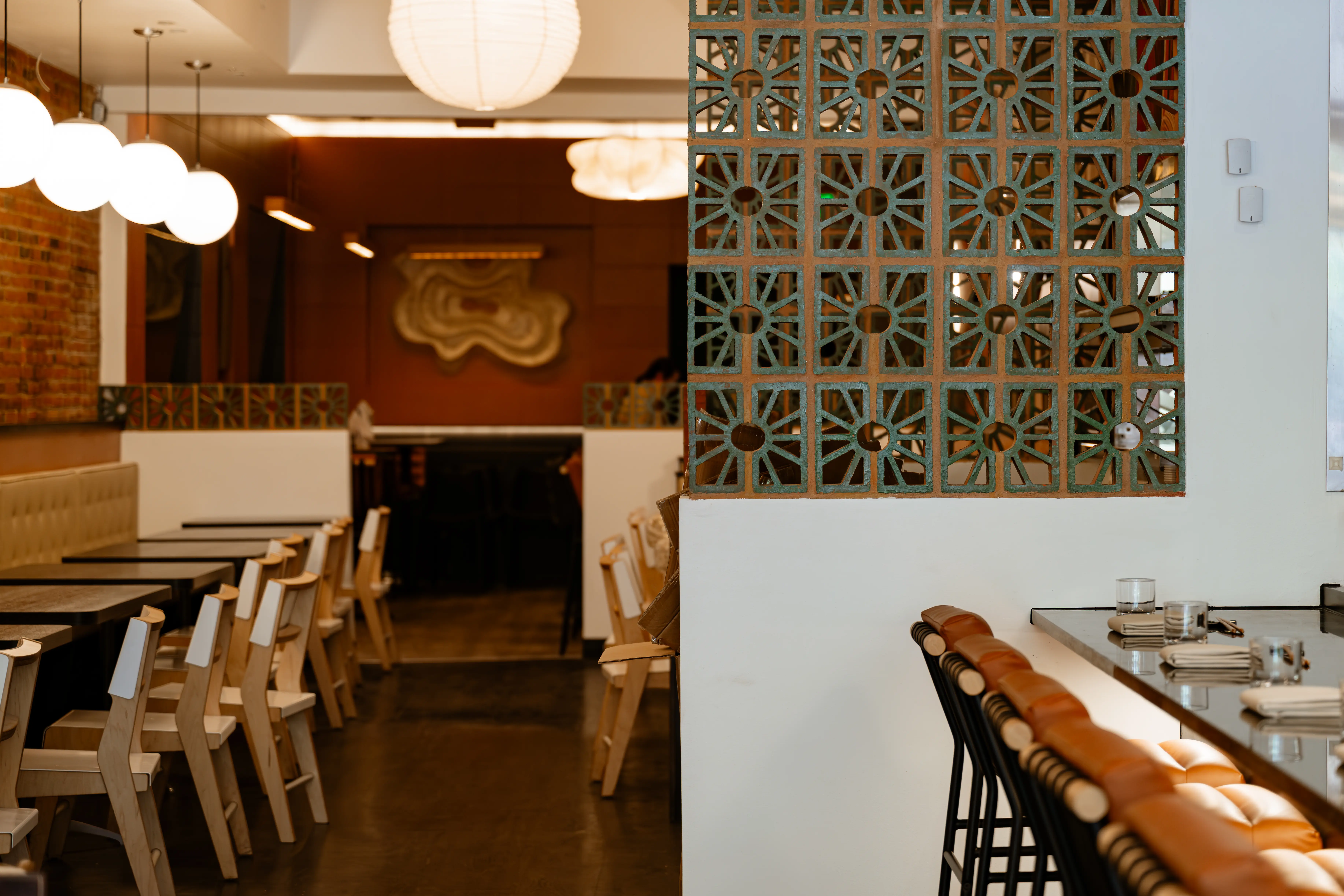 Interior dining room with natural wallpaper